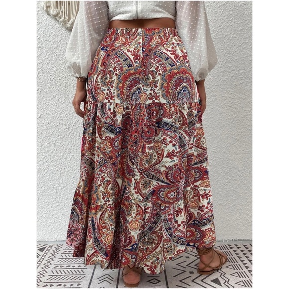 Boho Red Paisley Print Ruffle Maxi Skirt - Picture 3 of 5